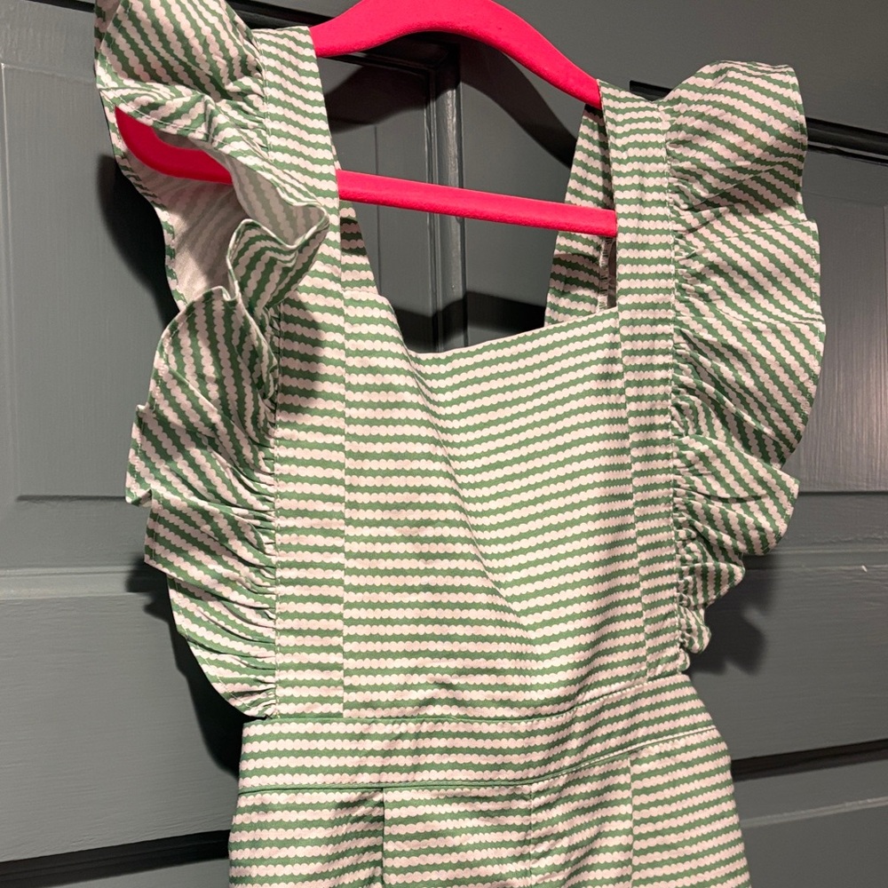 Bella Bliss Girls Green and White Striped Ruffle Romper Size 8